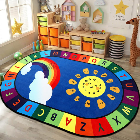 Dunzy Kids Educational Rug for Playroom 3 x 4ft ABC Alphabet Small Rug for Reading Corner Educational and Play Mat with ABC Alphabet, Numbers, Colors, Clocks Washable Playmat for Game Activity
