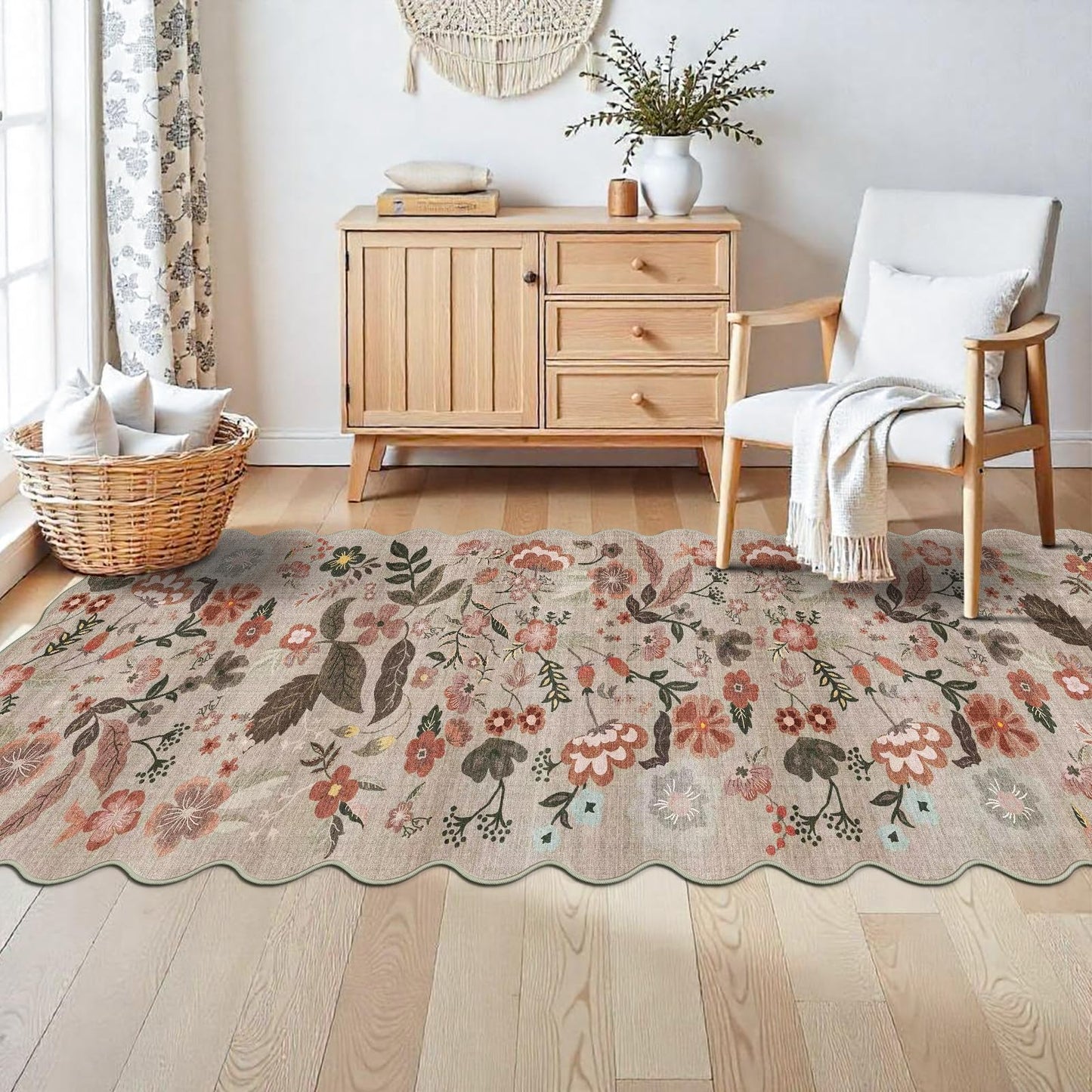 2x8 ft Non-Slip Washable Hallway Runner Rug – Boho Vintage Floral Carpet Runner for Kitchen, Bathroom, Bedroom & Entryway – Low-Pile Thin Soft Rug with Scalloped Edge (Beige Brown, 2x8)