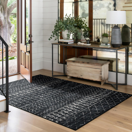4x6 Washable Area Rug for Living Room, Vintage Moroccan Rug Large Non-Slip Low Pile Soft Faux Wool Carpet Kids and Pets Friendly for Bedroom Dining Room Farmhouse Home Decor Rug Dark Blue Black