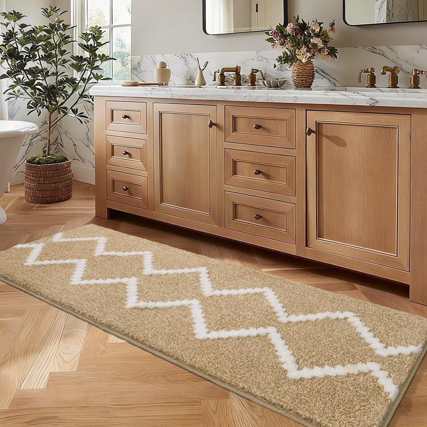 DEXDE Bathroom Rug 60"x24" Beige Non-Slip Washable Absorbent Bath Runner