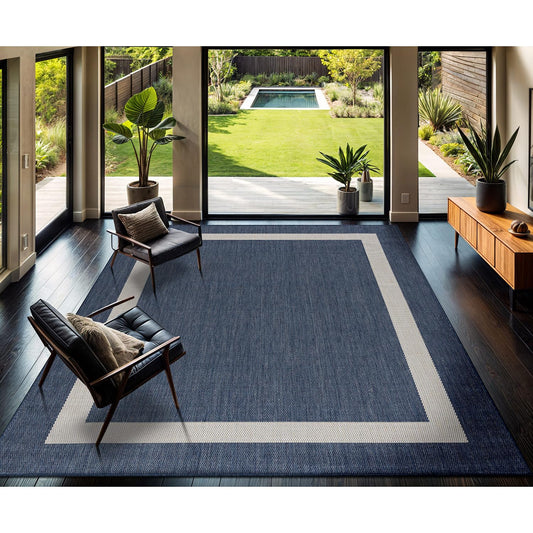 CAMILSON Outdoor Rug 9x12, Large Modern Outside Rugs for Patios Porches Waterproof Durable Washable Non-Shedding, Easy-to-Clean Indoor Outdoor Area Carpet (9 x 12, Bordered - Blue/White)