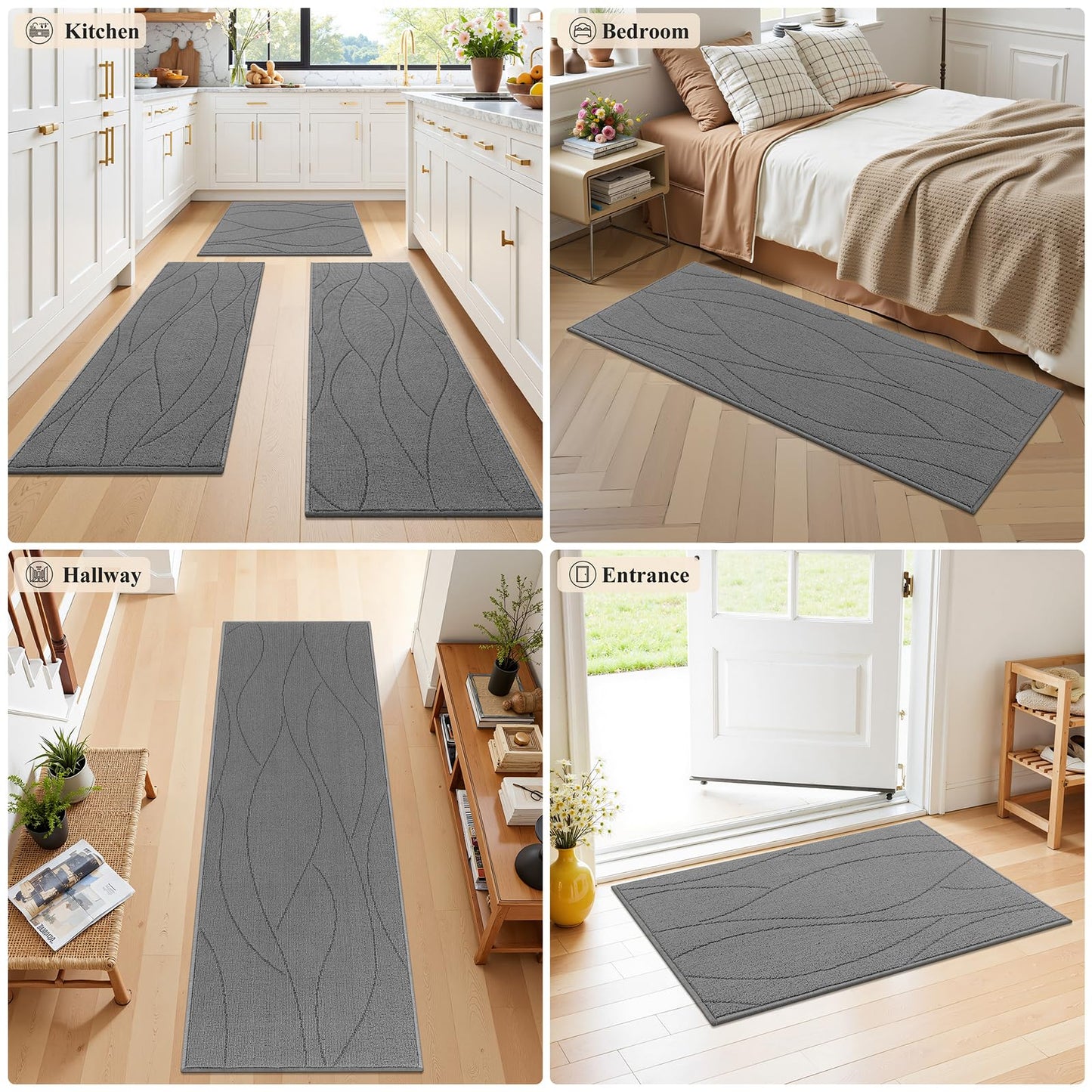 Bsmathom Kitchen Rugs Sets of 3, Non Slip Kitchen Runner, Machine Washable Non Skid Kitchen Rug, Kitchen Floor Mat for Hallway Entryway Laundry Room, Light Gray