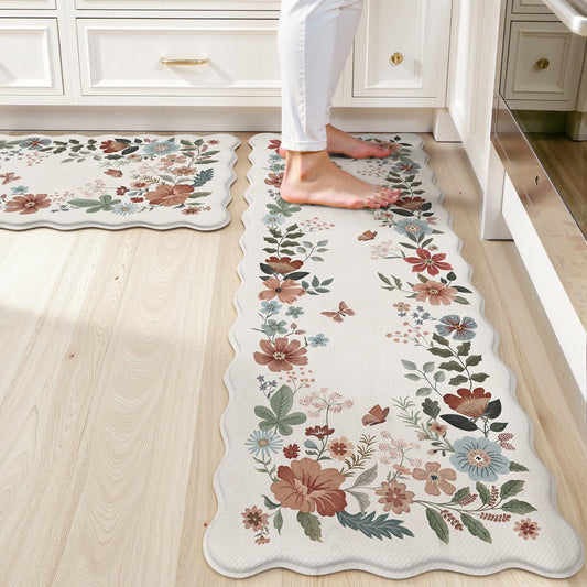 Collive Kitchen Mats Cushioned Anti Fatigue, Scalloped Waterproof Kitchen Floor Mat Beige Sink Rug 2 Piece Non Slip, Comfort Desk Standing Rugs for Bedroom, Office, Laundry