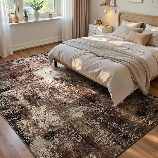 Ompaa Living Room Rug 5x7 Brown Area Rug Machine Washable Boho Coffee Rug Non Slip Abstract Vintage Indoor Large Rugs for Bedroom, Classroom, College Dorm, Farmhouse, Dining Room, Kids Playroom