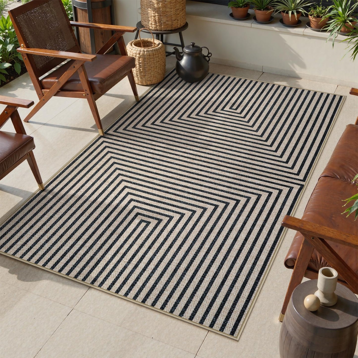 Collive 3x5 Easy Jute Outdoor Entryway Rug, Washable Modern Geometric Indoor Carpet Black Neutral Small Area Rugs, Non Slip Woven Kitchen Mats for Entrance Bedroom Kids Room Patio Decor
