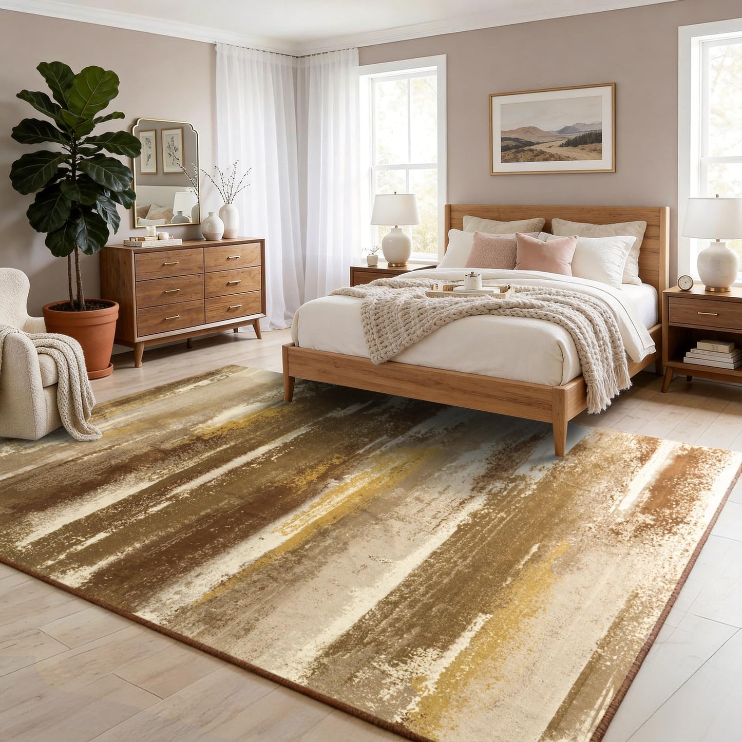 plumlik Area Rugs for Living Room, 6x9 Brown Modern Abstract Rugs for Bedroom, Large Washable Boho Rug with Non-Slip Rubber Backing for Dining Room Dorm Classroom Farmhouse Kids Playroom