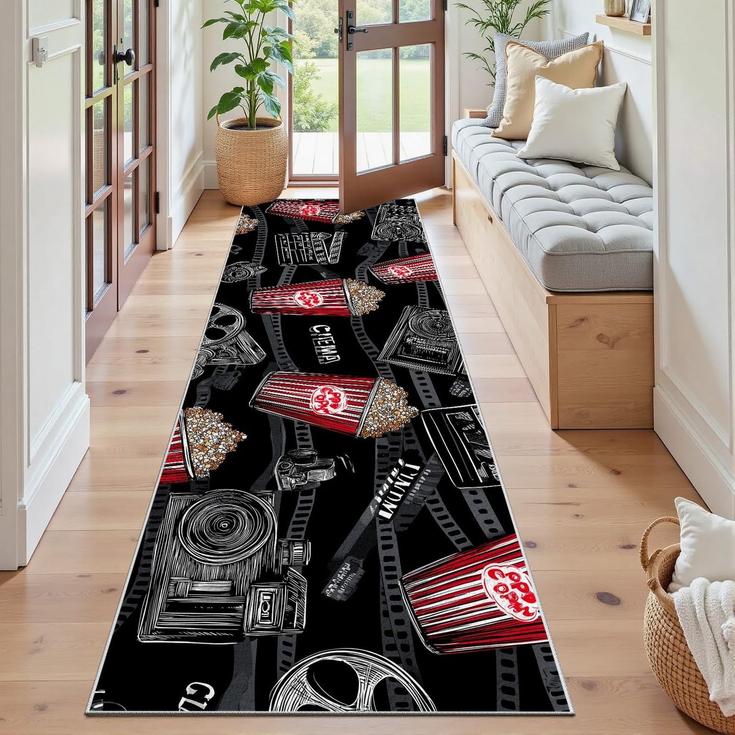 Movie Theater Decor Hallway Runner Rug 4x10ft – Popcorn and Projector Design, Washable Non-Slip Carpet for Living Room, Bedroom, Kitchen, Home Theater, Perfect for Movie Night Home Decor
