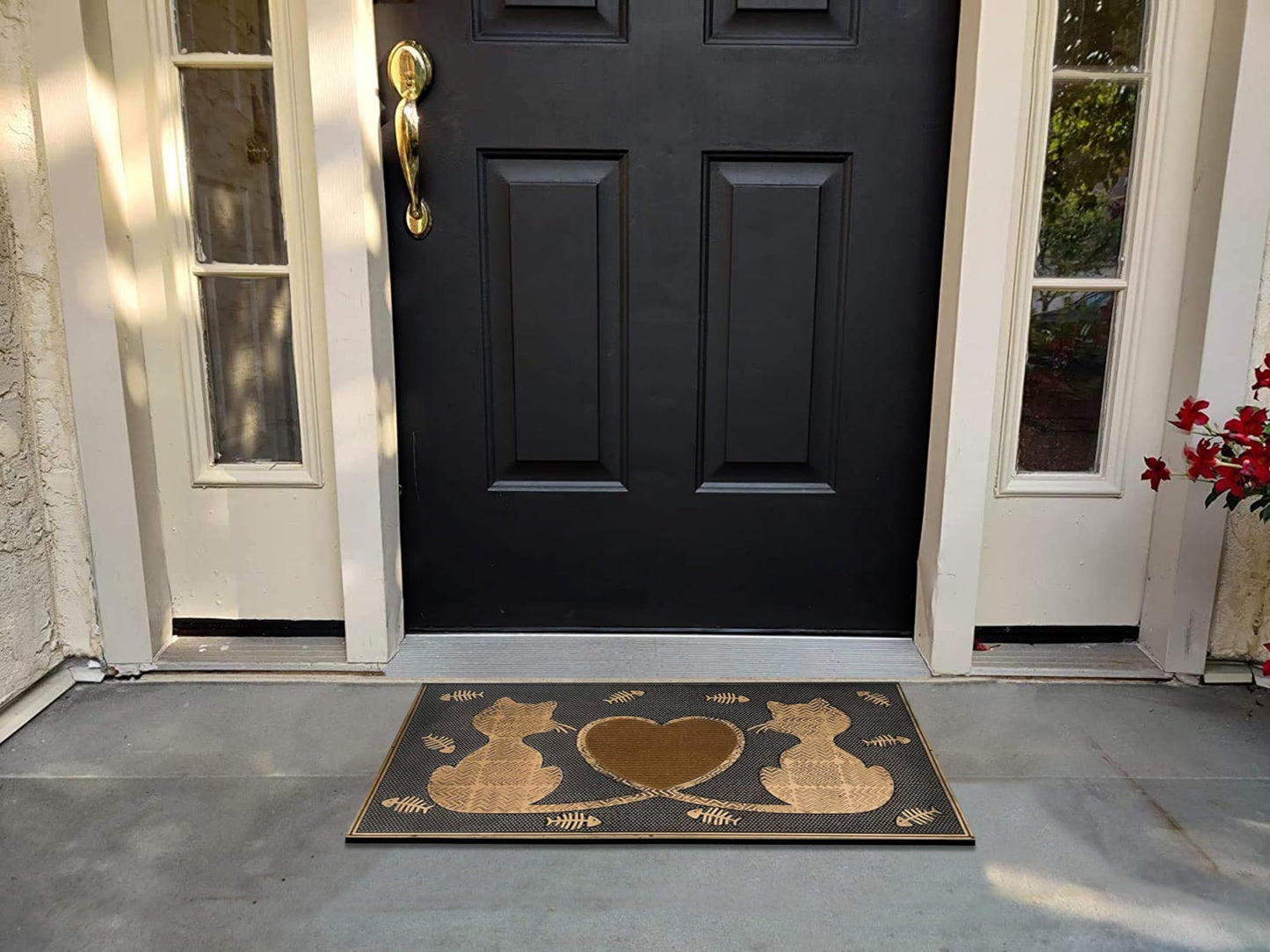 A1HC Rubber Welcome Doormat for Outdoor Indoor Entrance, Non-Slip Backing Front Door Mat for High Traffic Area Use, Fun Designed Entrymat, 18"x30" Twin Cats Heart Copper