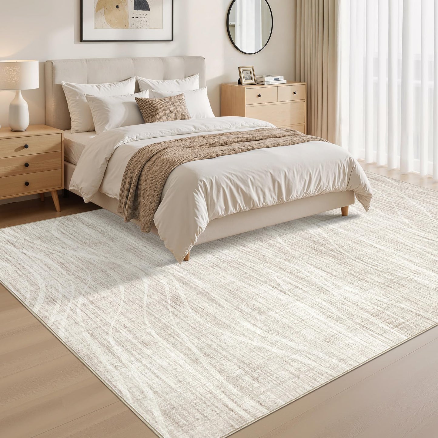 WITSHOCK Washable Rugs 8x10 Modern Area Rugs, Thin Rug for Living Bedroom Dining Room Nursery Kitchen Office, Wave Striped Rugs Indoor Carpet Soft Non Slip Stain Resistant Home Decor, Beige