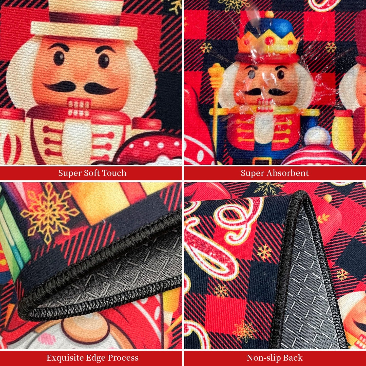 ACZHHZC Merry Christmas Nutcracker Kitchen Rugs and Mats Set of 2, Buffalo Plaid Winter Xmas Holiday Home Kitchen Decor Floor Mats, Washable Non-Slip Sink Carpet (17"x47"+17"x30")