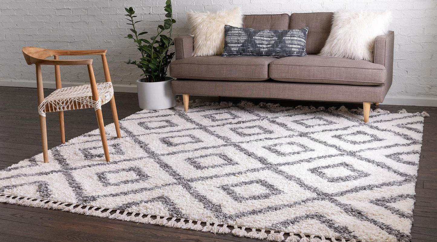 Rugs.com Athena Shag Collection Rug – 8' Square Ivory Shag Rug Perfect for Living Rooms, Kitchens, Entryways