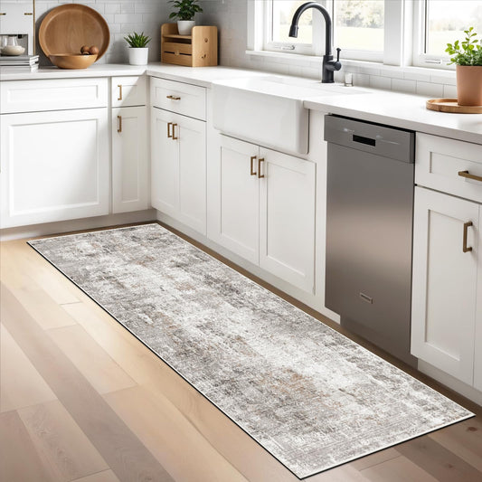 2x5 Rug Runner Non-Slip Washable – Modern Neutral Abstract Small Rug for Hallway, Kitchen, Bathroom, Bedroom, Entryway, Laundry Room – Thin Soft Low-Pile Rubber Backing (Beige/Grey)