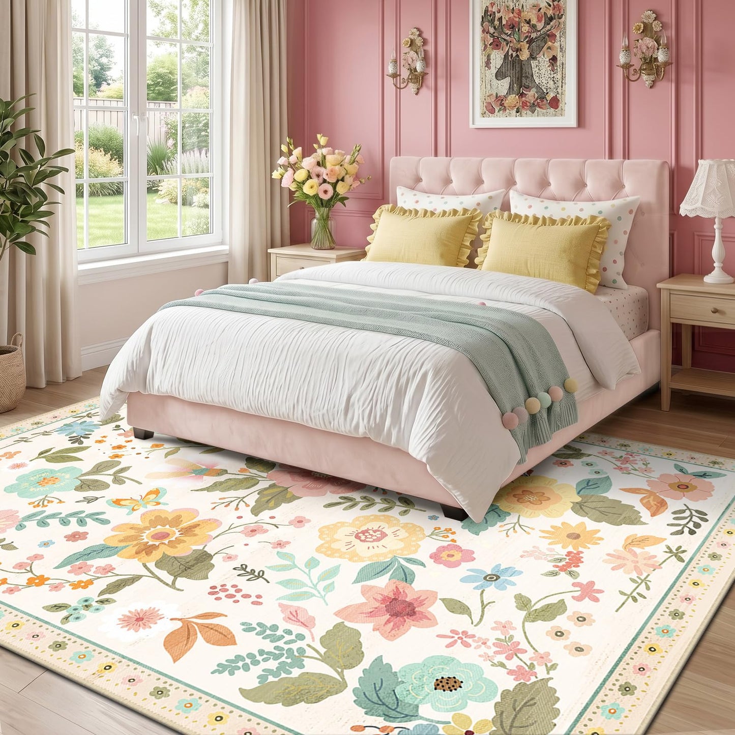 RELEANY Floral 5x7 Area Rugs Washable Print Boho Cute Carpet Non Slip Flower Low Pile for Living Room Bedroom Kitchen Office Farmhouse-Beige/White/Orange