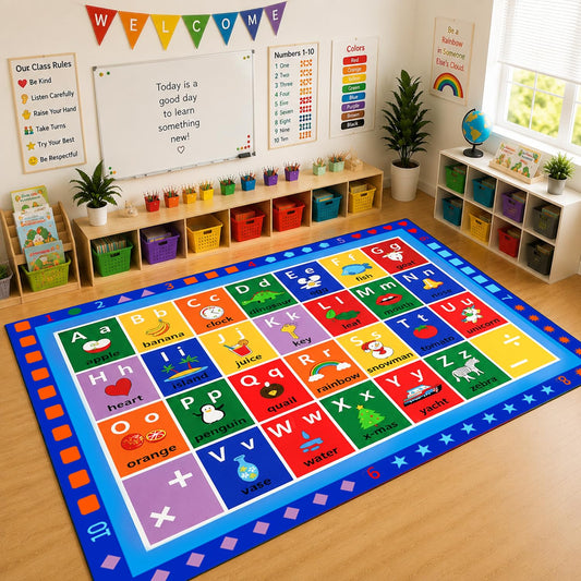 AlaTyche ABC Classroom Rug, Large Classroom Rugs Elementary, Preschool&Daycare Rugs for Classroom,Learning Alphabet Educational Rugs for Kids Playroom, Nursery(8'7''x6'7'', Blue)