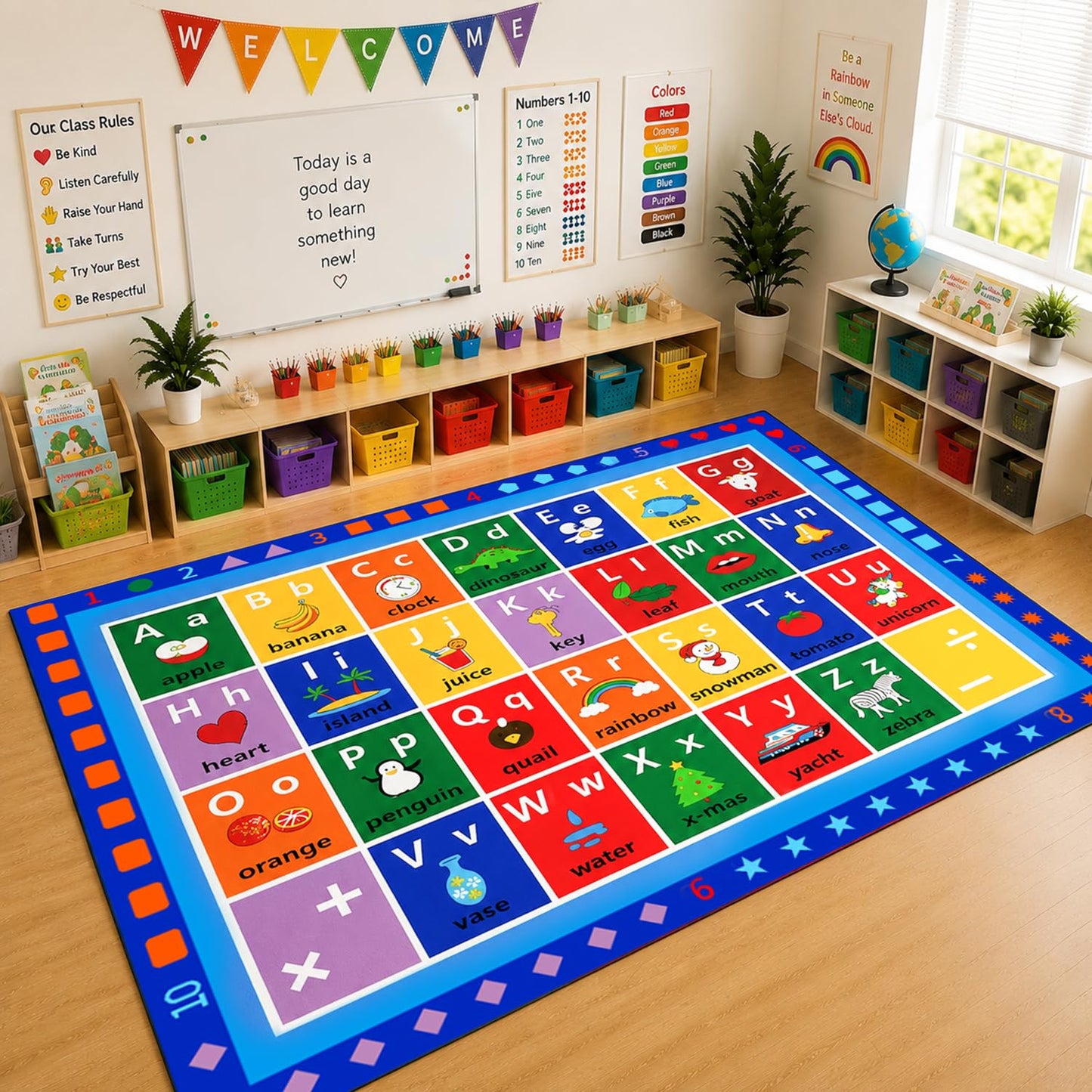 AlaTyche ABC Classroom Rug, Large Classroom Rugs Elementary, Preschool&Daycare Rugs for Classroom,Learning Alphabet Educational Rugs for Kids Playroom, Nursery(8'7''x6'7'', Blue)