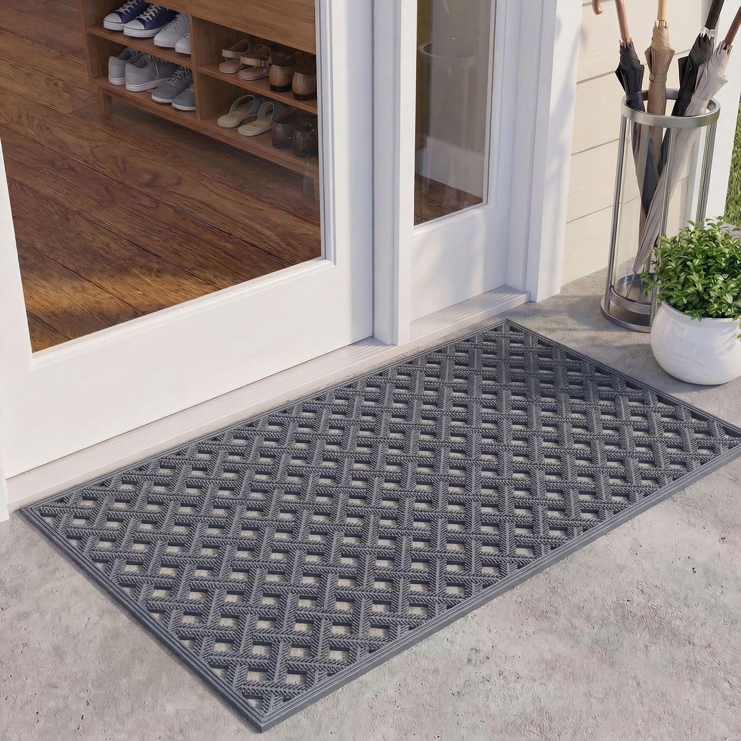 Bulijojo Front Door Mat Entrance with Drainage,24x36 Rubber Heavy Duty Dirt Trapper Waterproof Welcome Mat, All Weather for Front Back Door Patio Entryway Grey