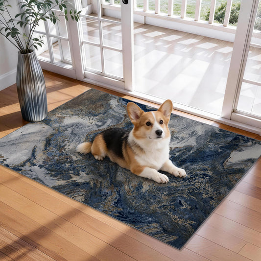 Blue Washable 2x3 Entryway Rug: Modern Abstract Small Area Rug for Kitchen Bathroom Bedroom - Soft Floor Mat Stain-Resistant Thin Low Pile Pet Friendly