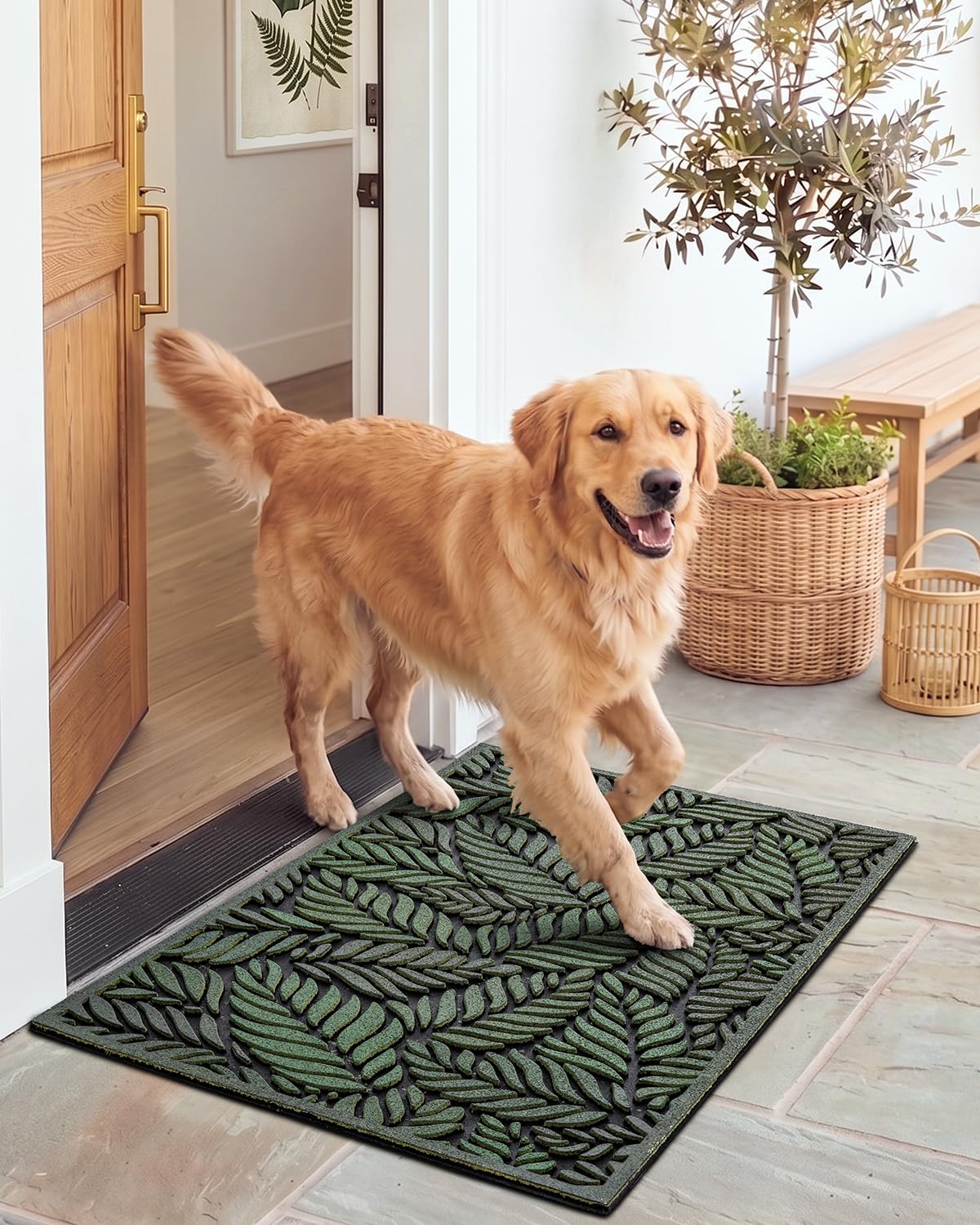 DEXI Front Door Mat Outside Entrance 17x30, Rubber Entry Doormat Heavy Duty Non Slip, Welcome Entryway Mats Dirt Trapping for Exterior Patio Garage, Green Leaves