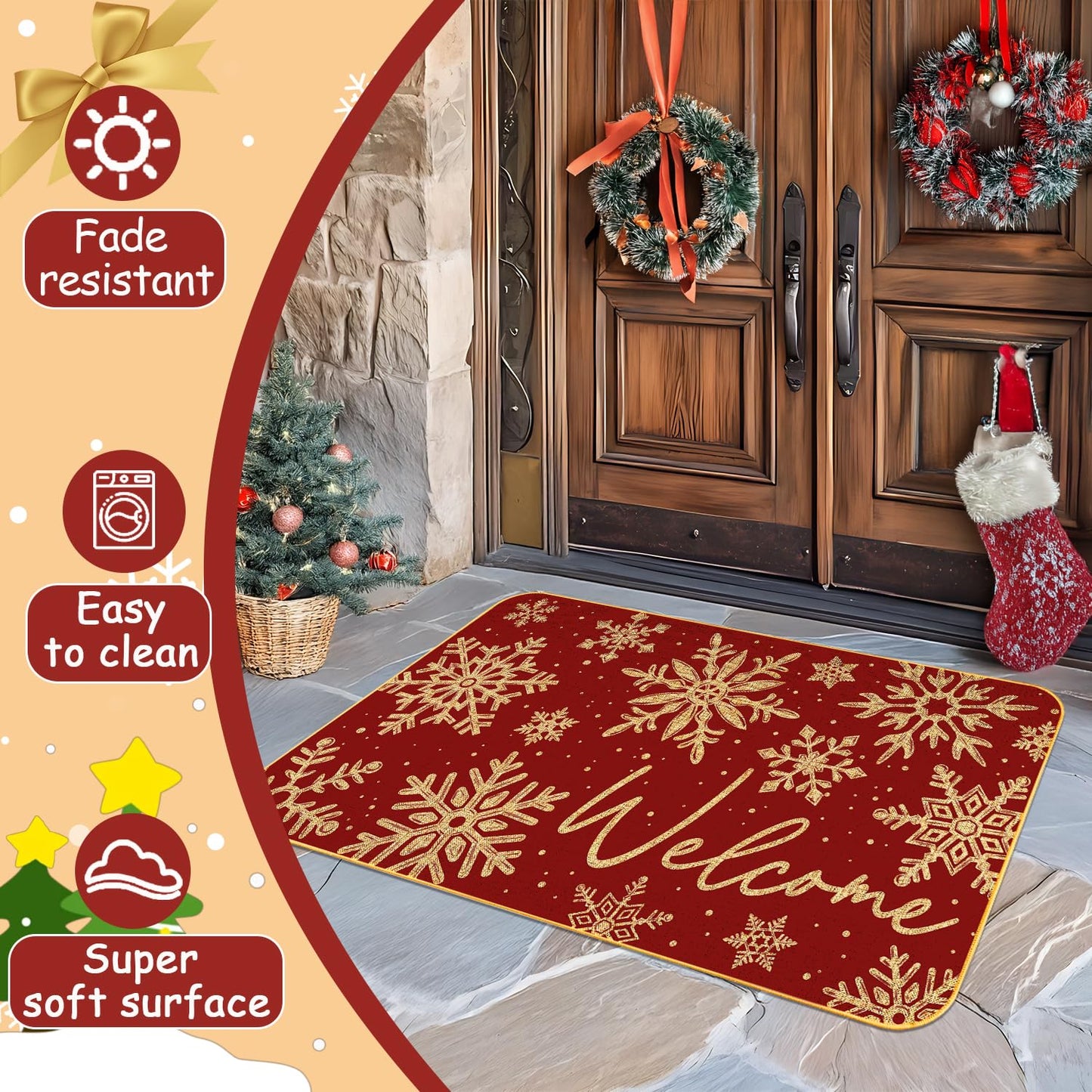 JYKCUL Snowflake Christmas Doormat,Snowflakes Winte Xmas Decorative Doot Mat Non-Slip Low-Profile Indoor Outdoor Welcome Mat Washable Winter Holiday Doormat 17" x 29"