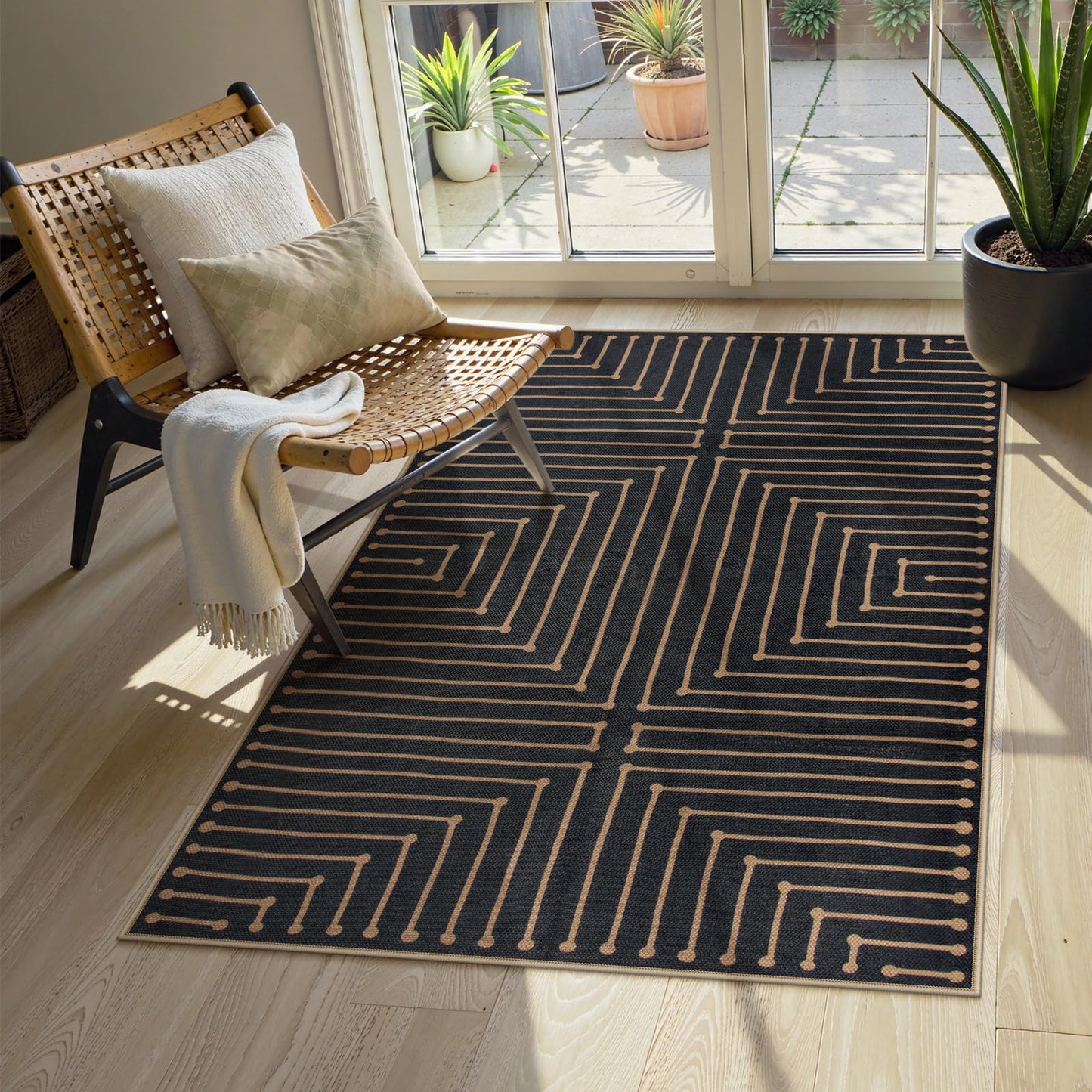 Lahome Neutral Geometric 3x5 Easy Jute Rug, Washable Rugs for Bedroom Entryway Outdoor Patio Porch Carpet, Farmhouse Rhombus Non Slip Non Shedding Black Carpet for Kitchen Entrance Balcony