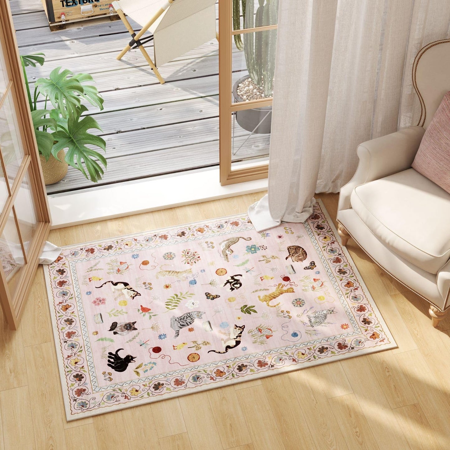 Rugcomf Door Mat Indoor Entrance 2x3 Rug Machine Washable Boho Floral Animal Cat Small Area Rug Non-Slip Low Pile Throw Rugs for Entryway Kitchen Front Door Indoor Entrance Entry Kids Room, Pink