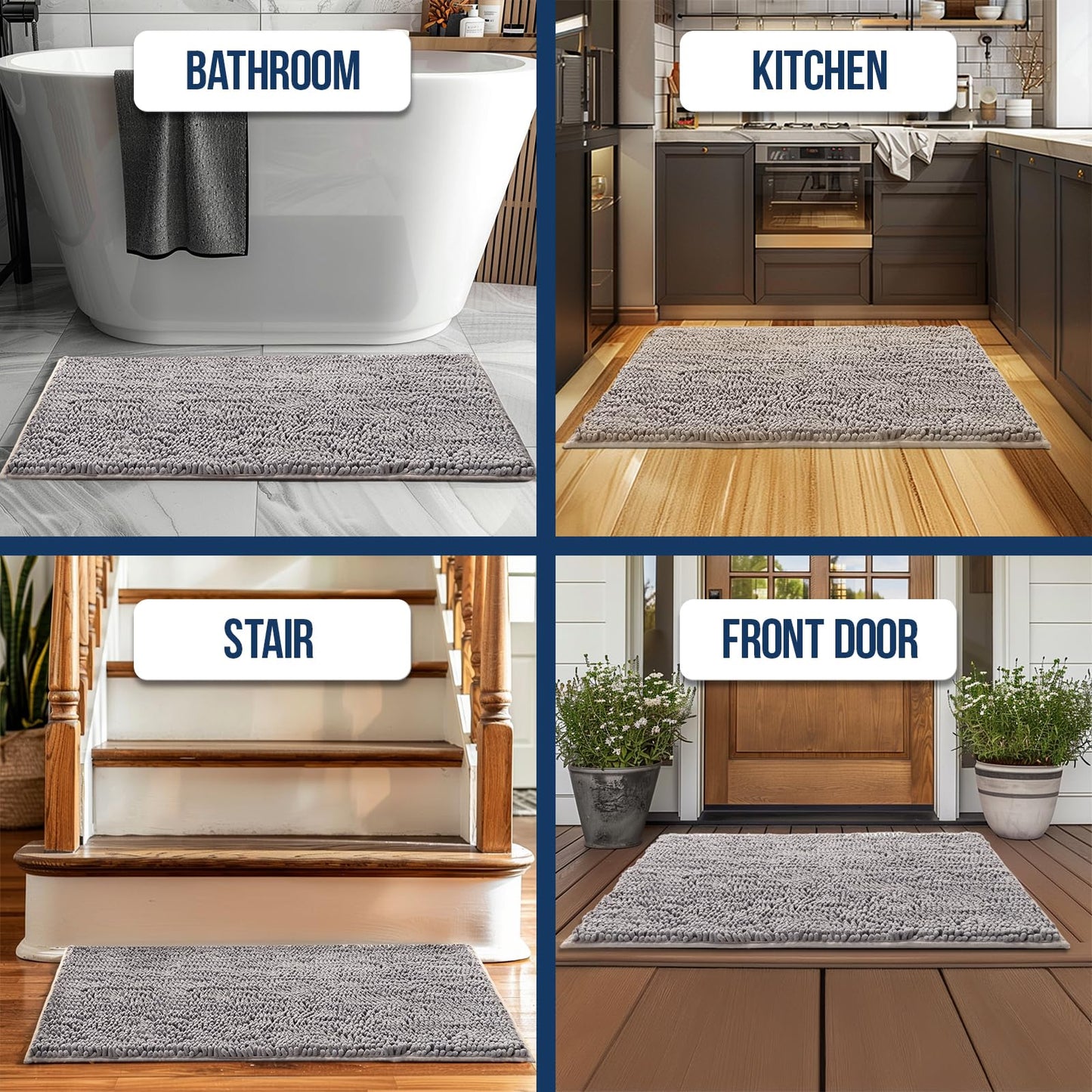 Muddy Mat Chenille Bathroom Rugs Quick Dry Microfiber Mats Non Slip Washable, Extra Thick, Soft and Highly Absorbent Bath Mats for Bathroom, Kitchen, and Shower Floor - Grey Small 28"X18"
