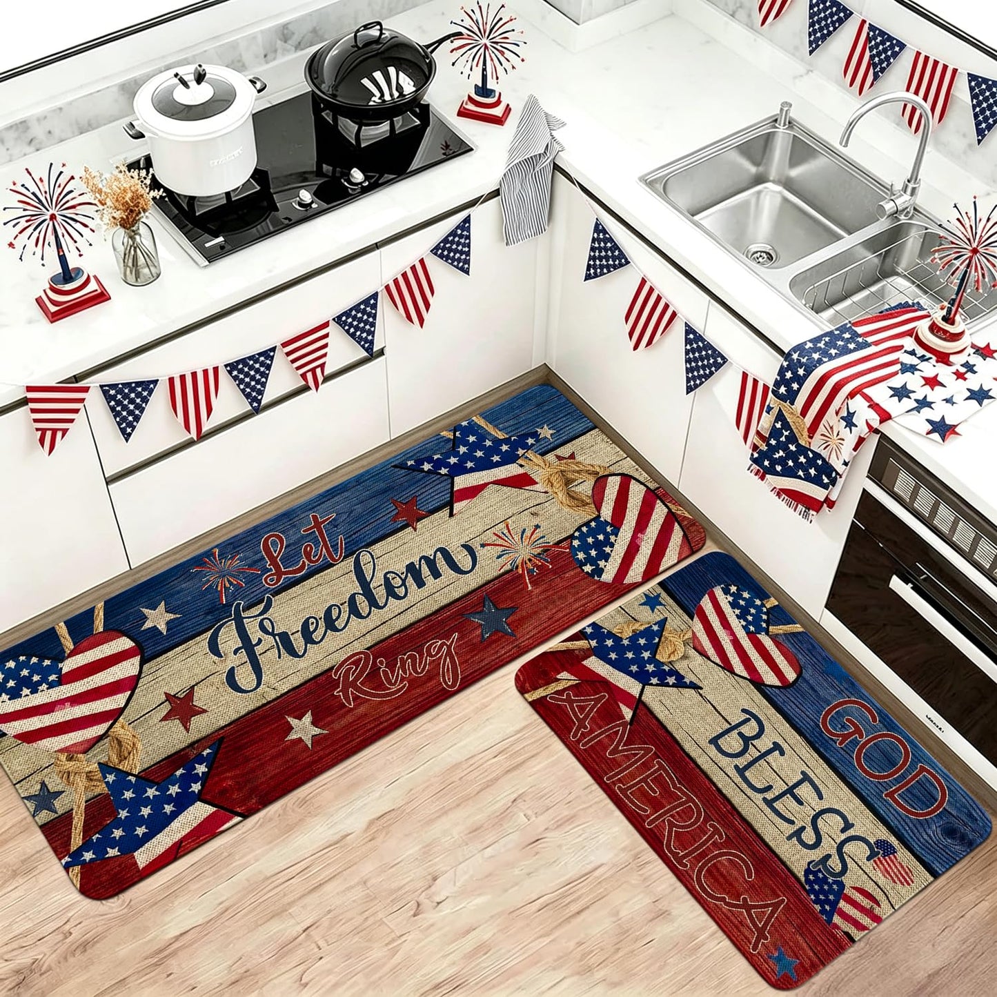 Nmxomug 4th of July Kitchen Rugs Set, Independence Day Kitchen Mats for Floor, 250th Anniversary Kitchen Decor, Holiday Decorations for Home, 17x30 Inch Door Mat + 17x47 Inch Runner Rug
