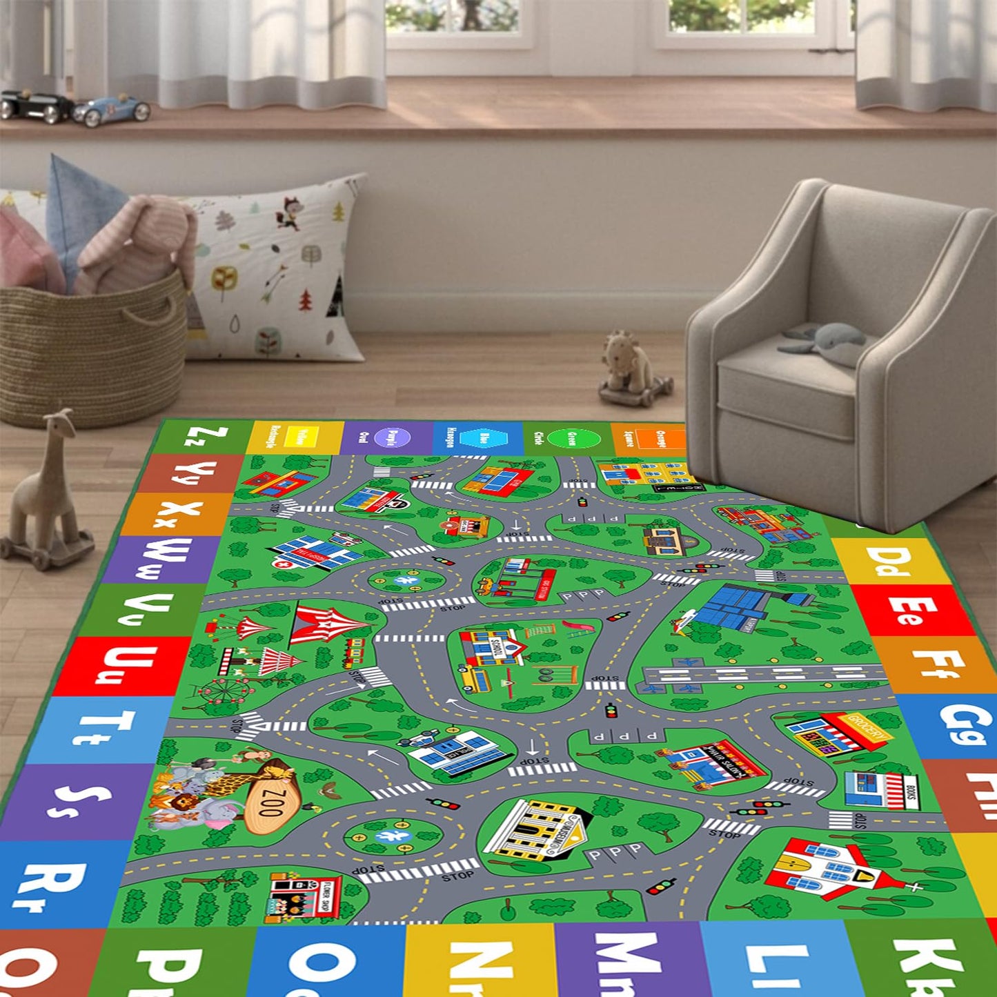 Mishareal Kids Play Mat, Soft Car Track Rug Educational Playmat Nursery Rugs Children Play Area Rug City Road Traffic Playroom Bedroom,4'11" x 3'3"