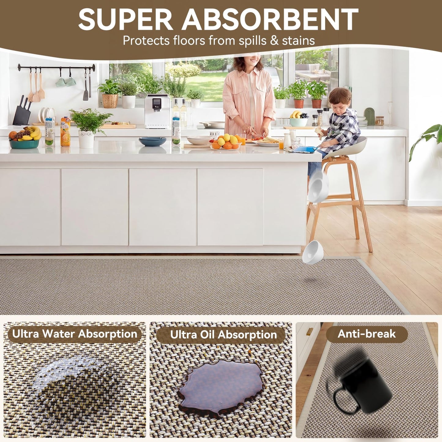 QiCaiJia Kitchen Mat, Non-Slip and Washable, Soft Kitchen Mat, Water Absorbent Floor Mat, Woven Sink Mat, Brown 17"x30"
