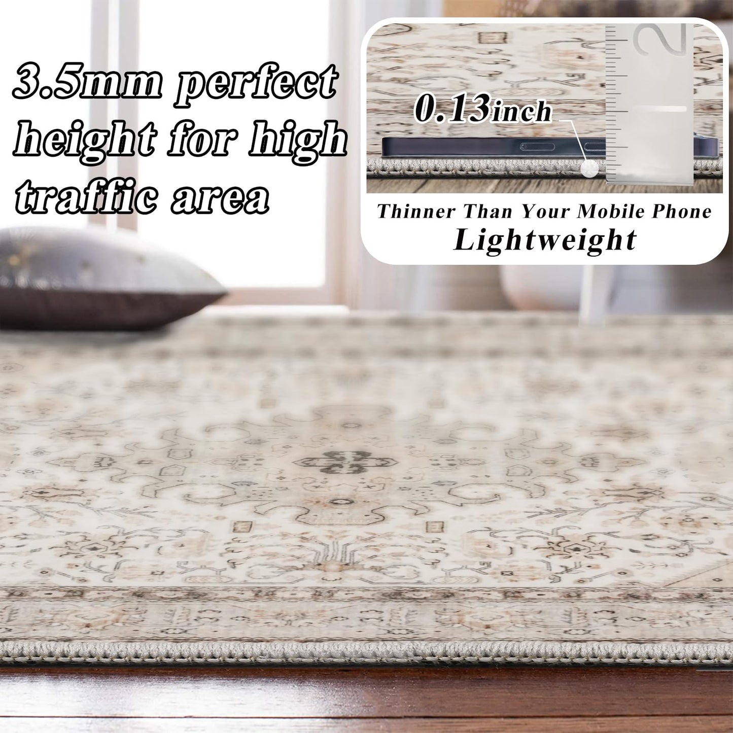 HILORUUG Living Room Area Rugs 10x14: Extra Large Area Rug Super Soft Distressed Oriental Rugs with Non-Slip Backing - Thin Stain Resistant Indoor Rug - 10x14 Ivory