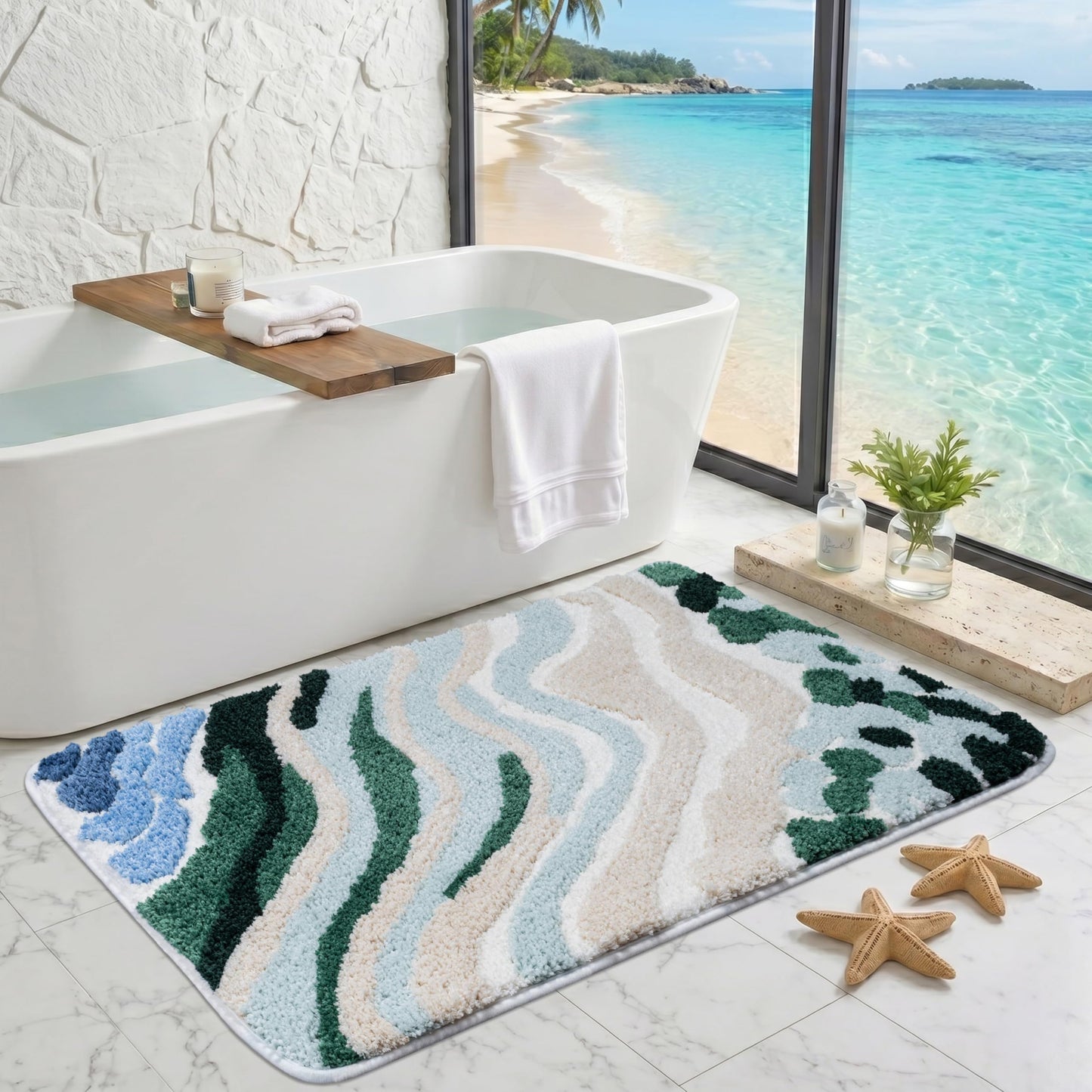 Cevolyn Blue Green Beach Bathroom Rug, Non-Slip Ultra Soft Microfiber Cute Coastal Bath Mat, Absorbent 3D Tufted Ocean Wave Decor for Floor, Shower, Tub, Machine Washable, 20"x32"
