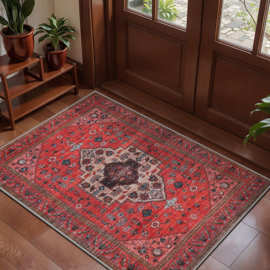 Tangsoo Vintage 2x3 Entry Rug,Red Washable Indoor Rug for Entryway,Boho Non-Slip Small Throw Mat Soft Low Pile Door Carpet for Entrance Kitchen Bathroom Bedroom