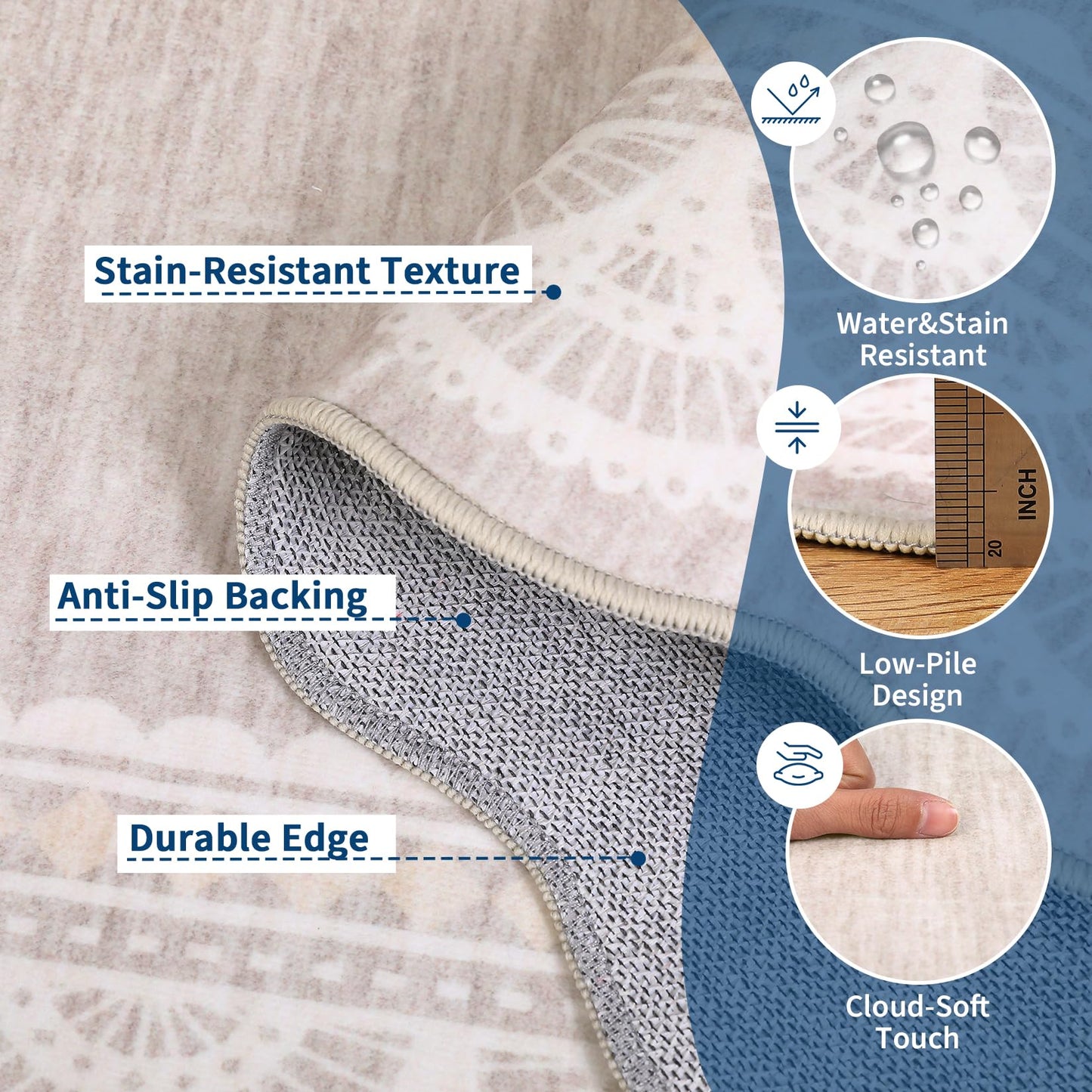 COZYLOOM 8x10 Area Rugs for Living Room Scalloped Lace Border Washable Rug with Non Slip Backing, Non Shedding Low Pile Soft Carpet Stain Resistant Farmhouse Mats for Dining Room, Bedroom, Beige