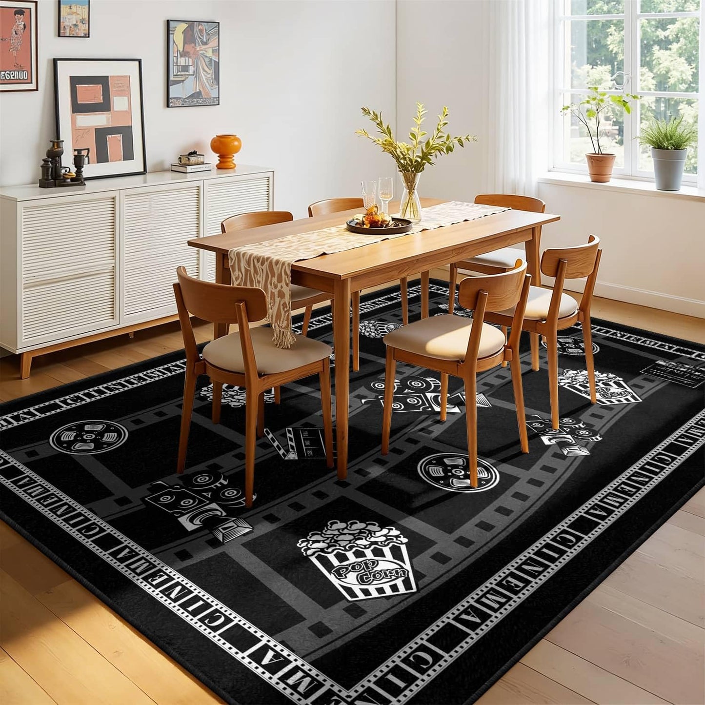 LGGLOVELIN Movie Night Theme Area Rug, 9x12ft, Black White Clapboard Projector Soft Washable Non-Slip Carpet for Home Theater Living Room