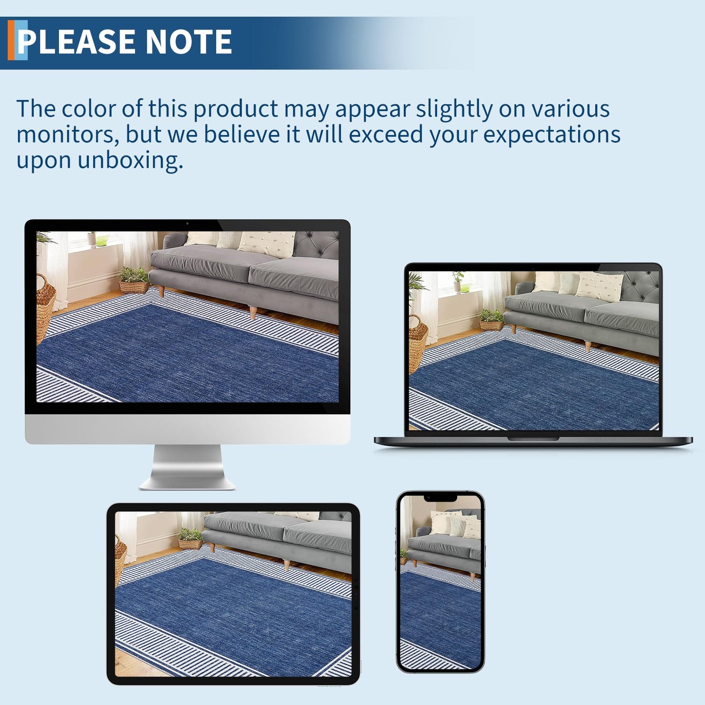 GarveeHome Washable Rug 5x7 for Bedroom Large Living Room Rug with Rubber Backing Casual Striped Border Throw Carpet Modern Contemporary Area Rug for Dining Room Nursery Entry, Blue