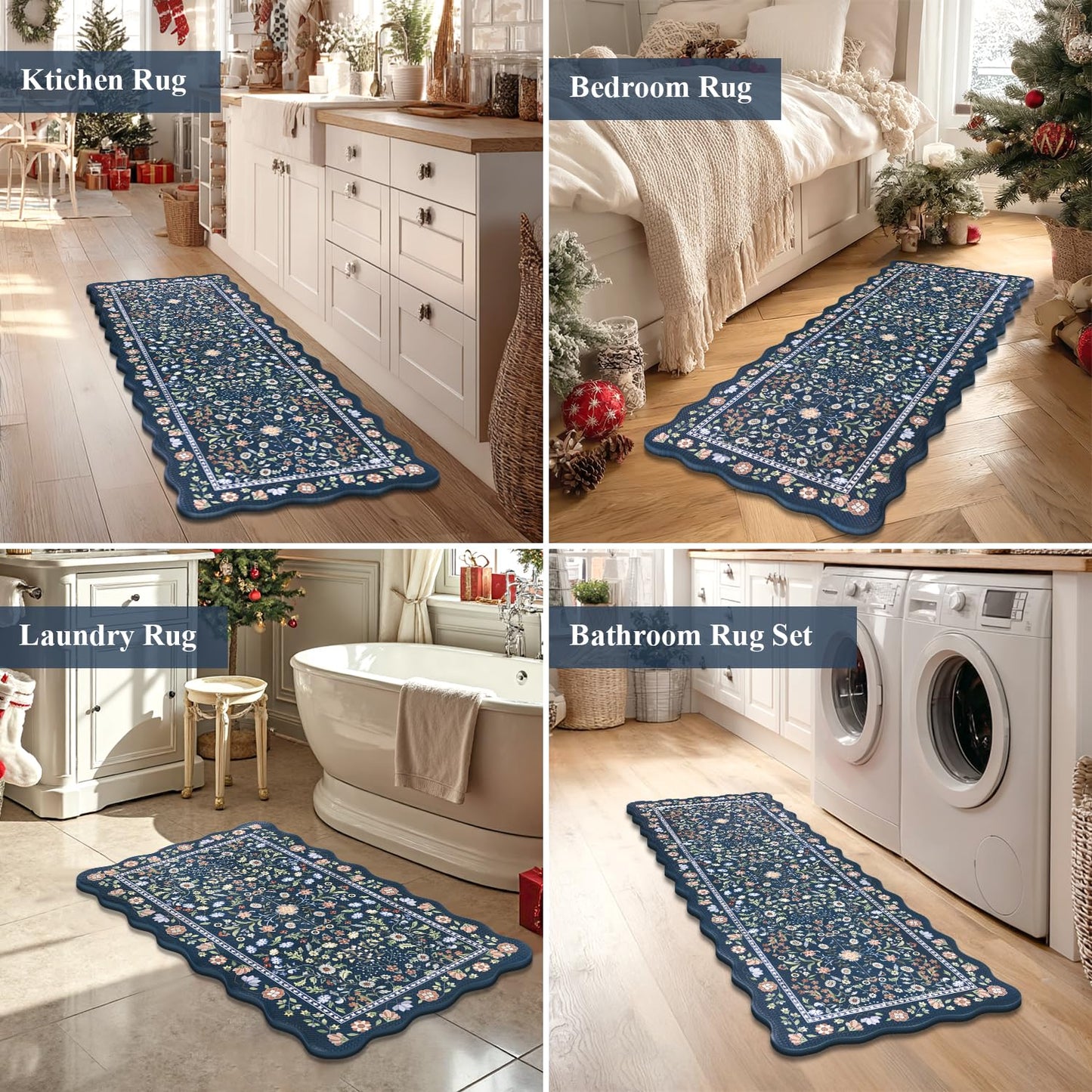 Yamaziot Anti Fatigue Kitchen Rugs Set of 3 - Boho Non Slip Waterproof Kitchen Mats for Floor, Boho Runner Rug for Kitchen Floor, Laundry, Desk, Bar, Office, 17.3"x29"+17.3"x35"+17.3"x47", Blue