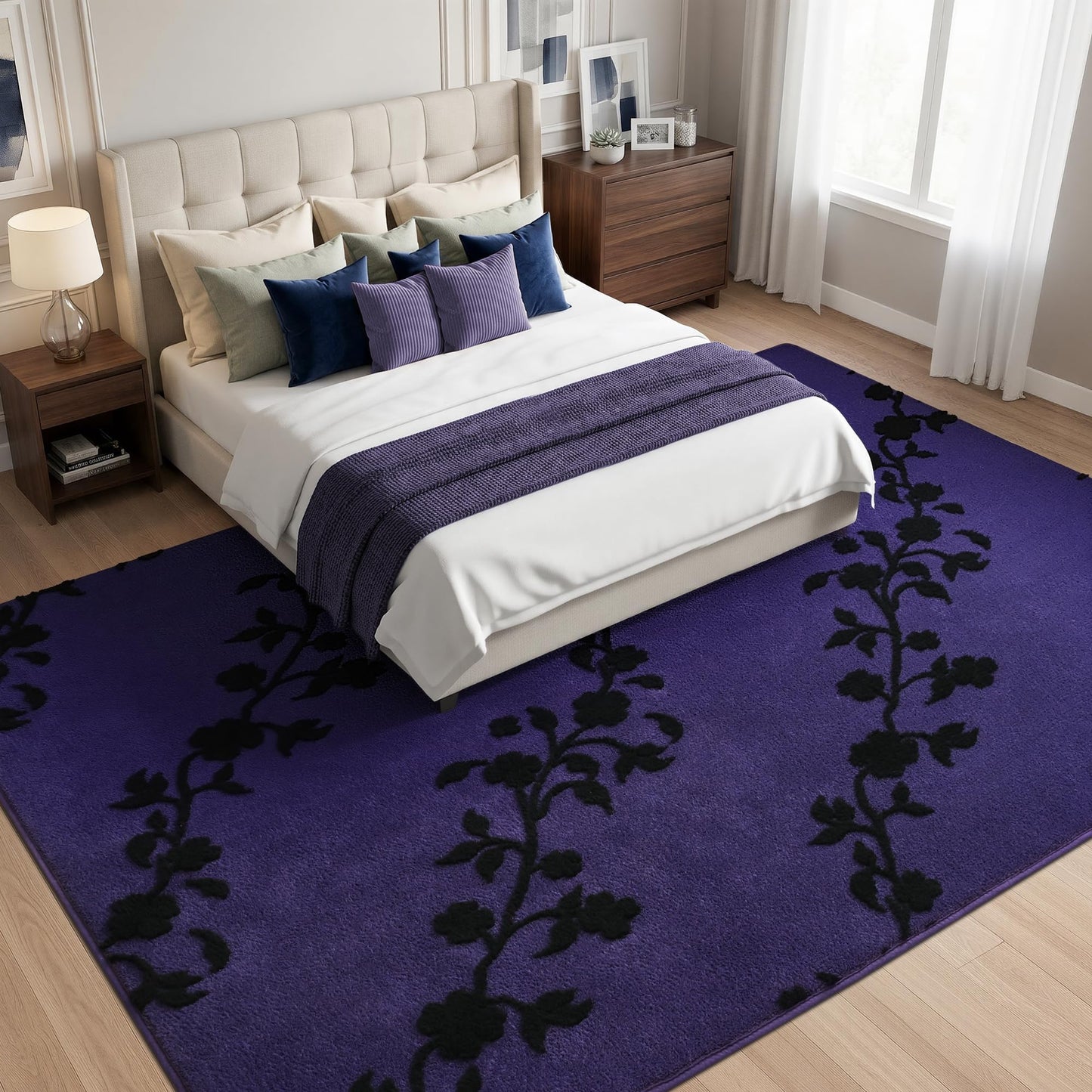 Opreine Area Rugs for Living Room Bedroom, 5x7 Feet Dark Purple Thickened Memory Foam Indoor Washable Rug, Black Flower Gothic Non-Slip Carpet for Girls Boys Padded Rugs Dorm Room Mat