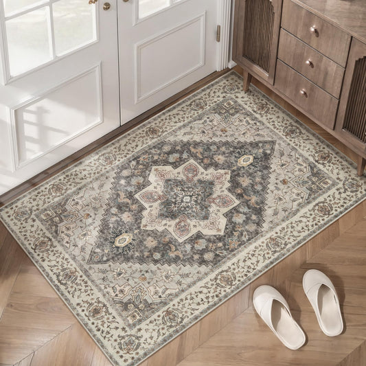 Tangsoo 2x3 Washable Rugs for Entryway, Vintage Non Slip Small Area Rug, Farmhouse Indoor Front Door Rug, Door Mat Small Carpet, Soft Low Pile Entry Rug for Entrance Kitchen Bedroom Grey/Multi