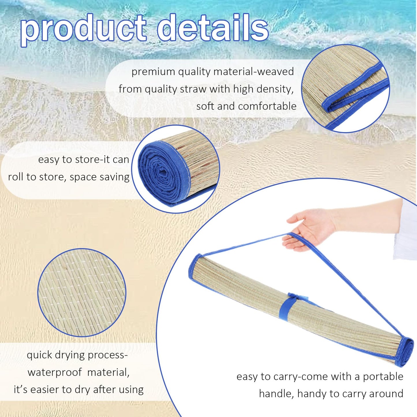 BOUTICOL 4 Pack Natural Straw Beach Mat, Multi-Purpose Non Slip Foldable Beach Mat with Trim and Portable Handle for Summer Tanning Camping Picnics Floor Yoga Festivals Outdoor Activities