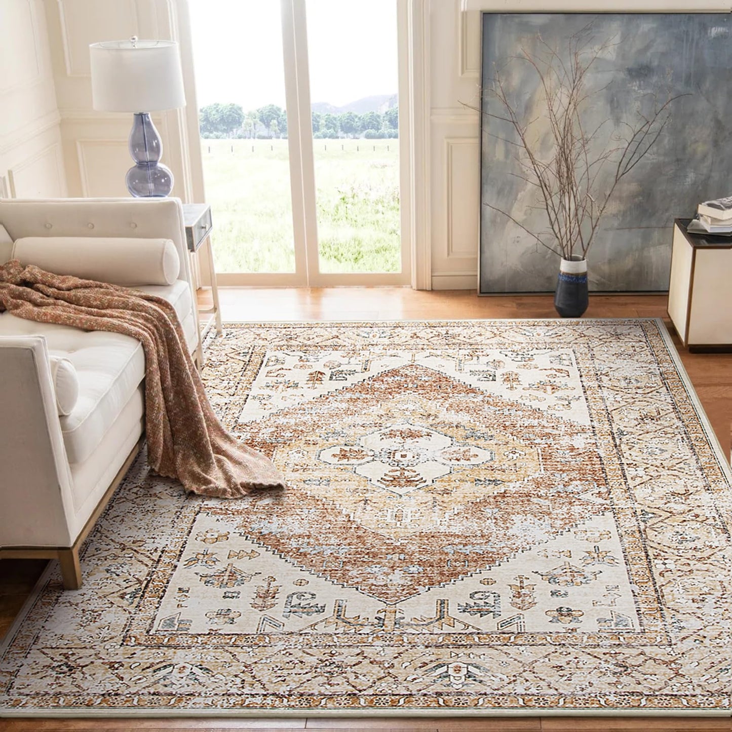 Lahome 5x7 Boho Machine Washable Area Rug Non-Slip Lightweight Low-Pile Oriental Distressed Print for Living,Bedroom,Office Adelyn