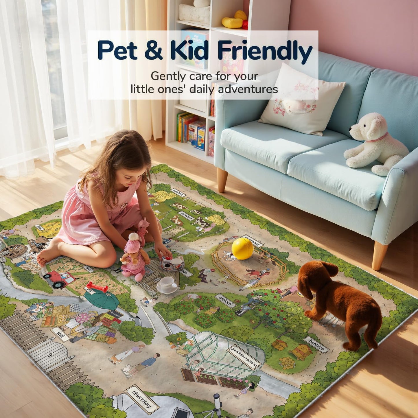 Nayoroom Kids Farm Adventure Play Rug,5x7ft Non-Slip Faux Wool Carpet with Interactive English Words, Educational Travel Map Design for Playroom, Bedroom, Nursery Gift