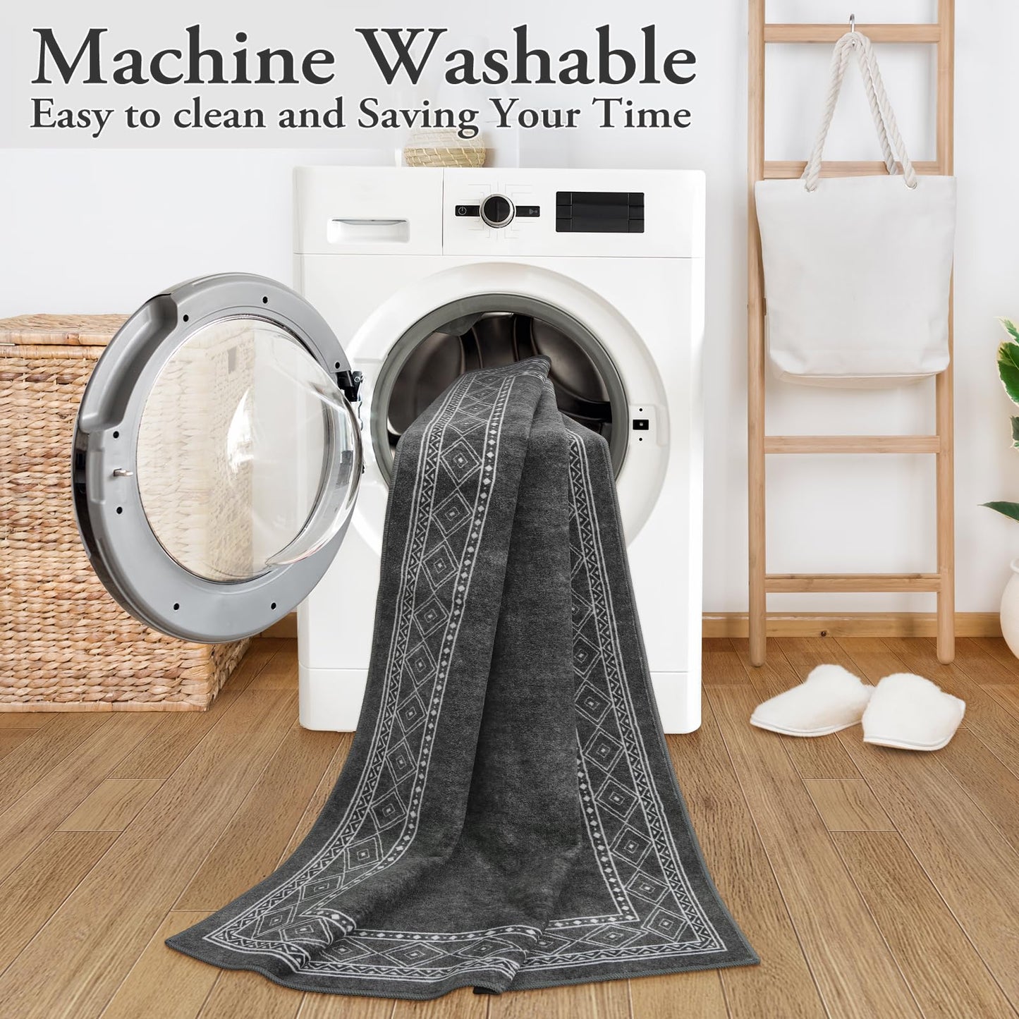 Lahome Modern Bordered Machine Washable Rug, Ultra-Thin Soft 3x5 Rugs for Bedroom Entryway Living Room, Non-Slip Stain Resistant Small Carpet for Laundry Entry（3'x 5',Gray