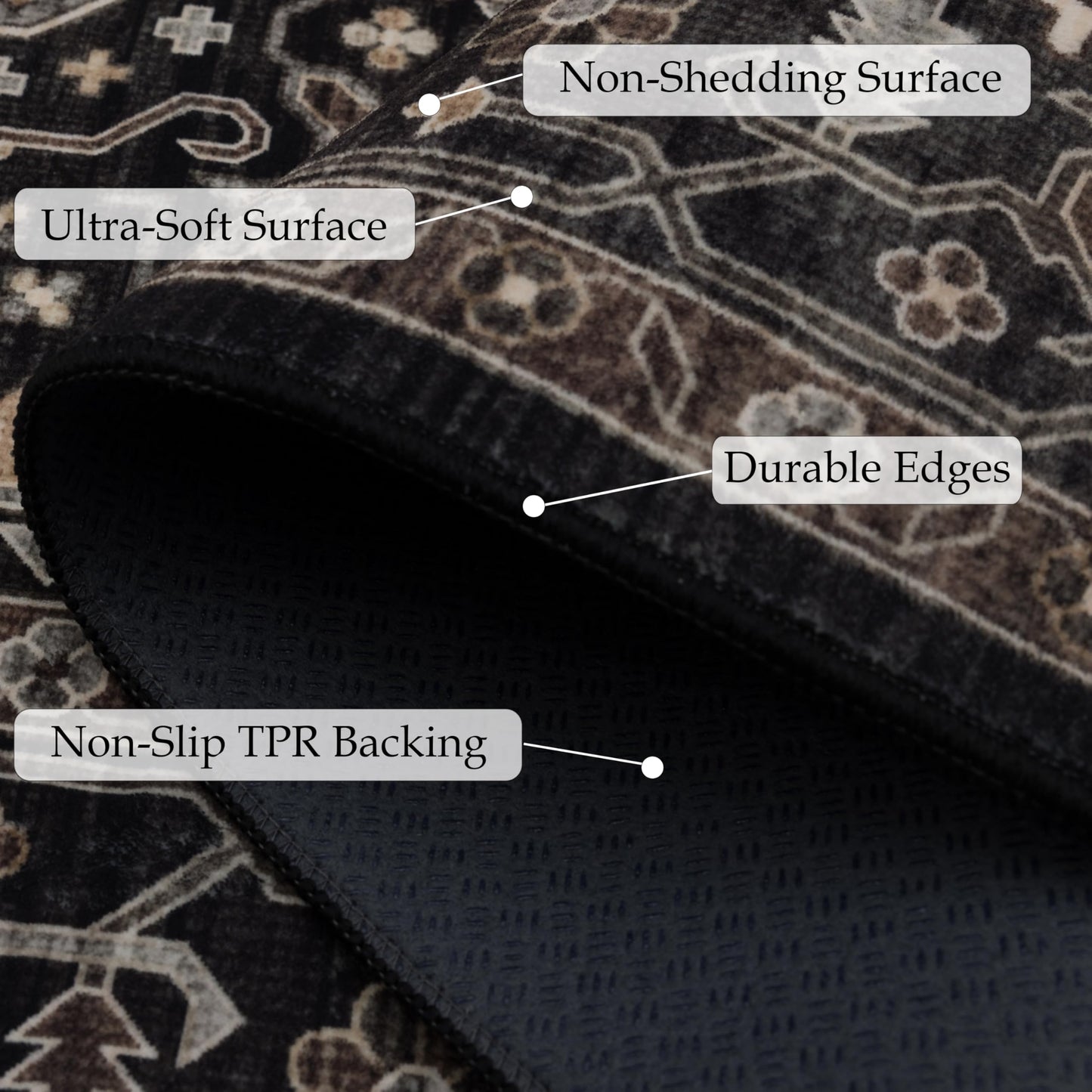 Ruaruarug Washable Area Rug 10x14 for Living Room, Bedroom, Ultra Soft Non Slip Stain & Fade Resistant, Pet & Kids Friendly, Suitable for High Traffic Areas Easy to Clean for Kitchen, Black Grey