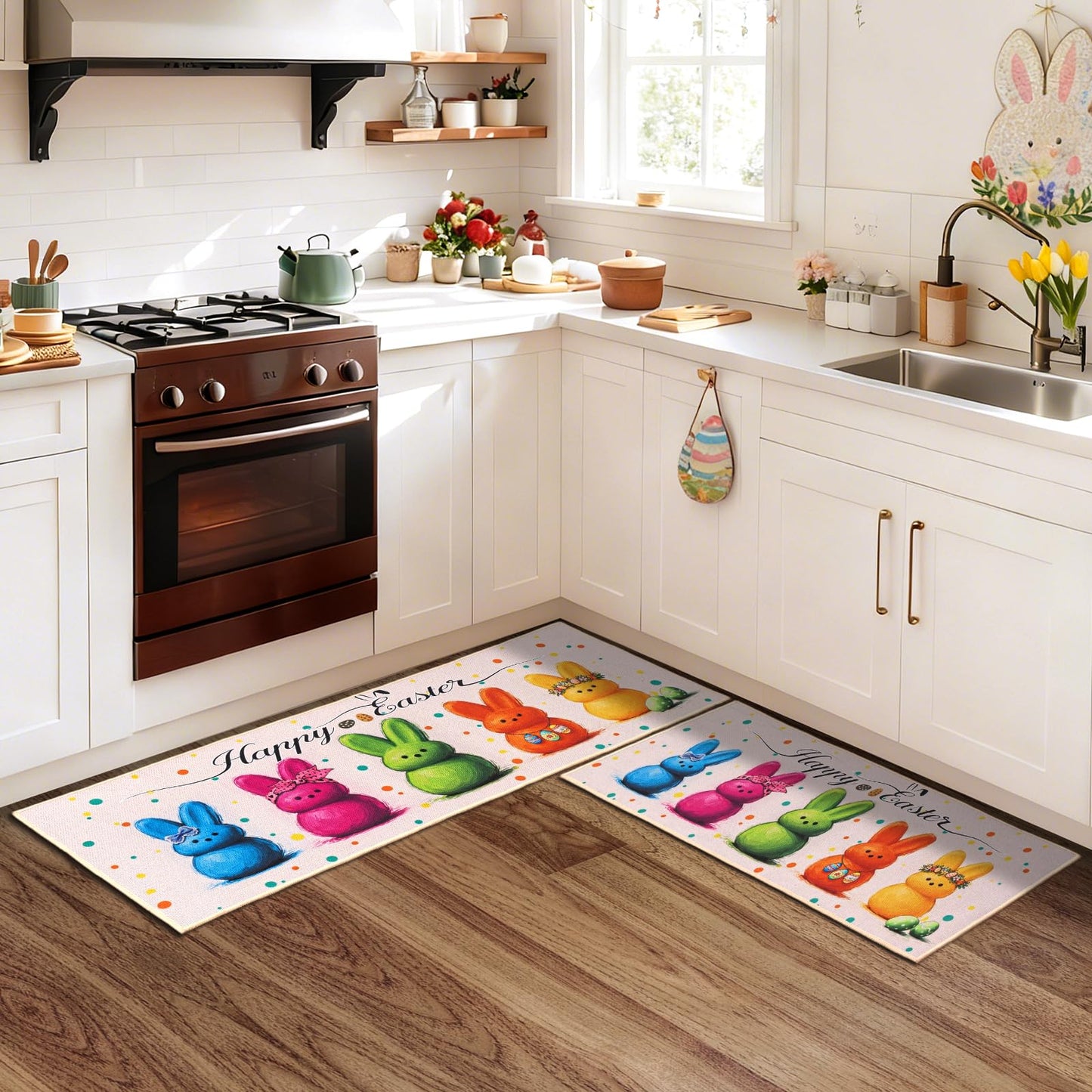 JSVSLTD Easter Kitchen Rugs Set of 2 Kitchen Floor Mat Easter Decor for Home, Non-Slip Kitchen Mats for Spring Gatherings 17"x47"+17"x29"