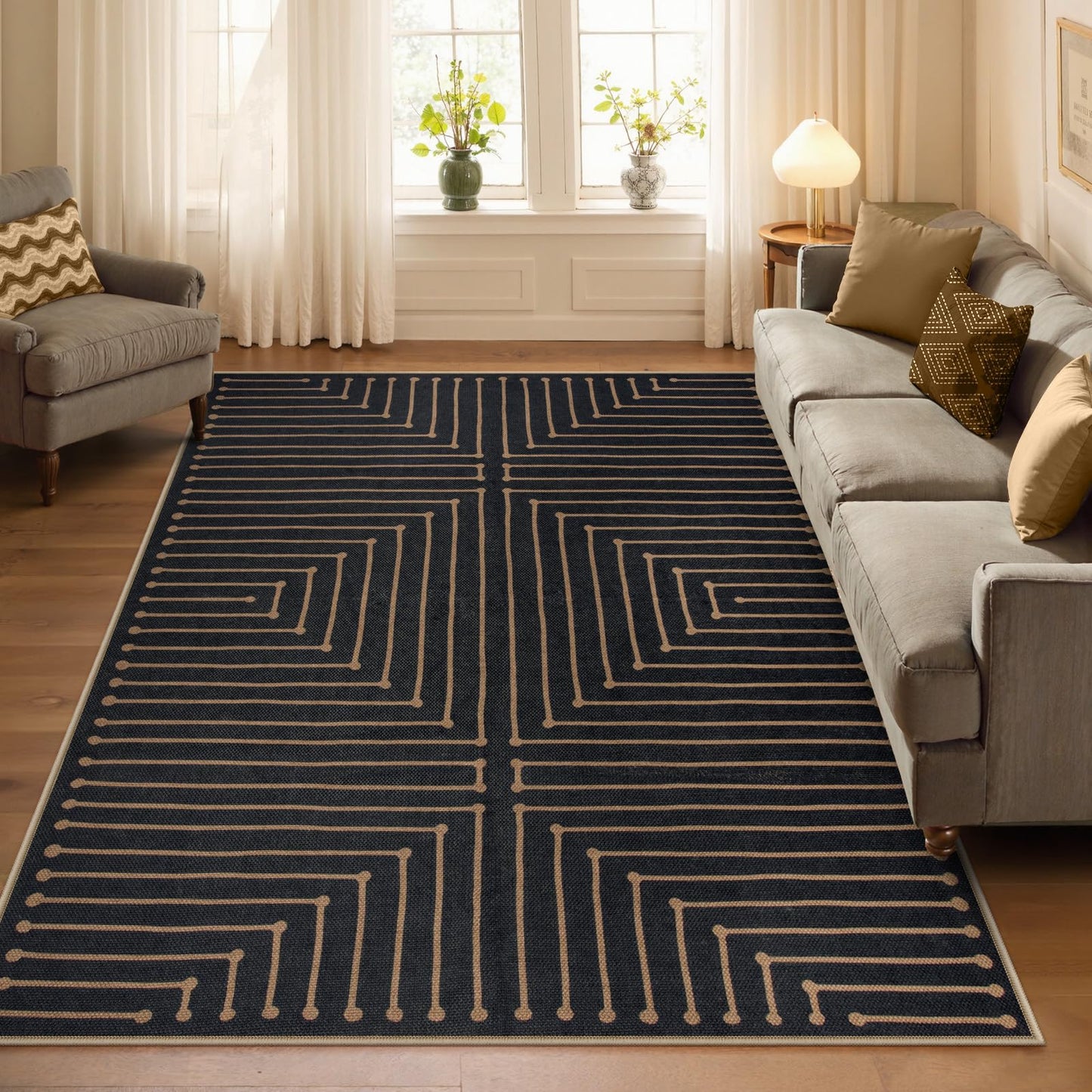 Lahome Neutral Geometric Outdoor Rug, 5x7 Black Living Room Dining Room Rug Indoor Outdoor Carpet, Farmhouse Rhombus Non Slip Non Shedding Carpet for Patio Deck Office Classroom