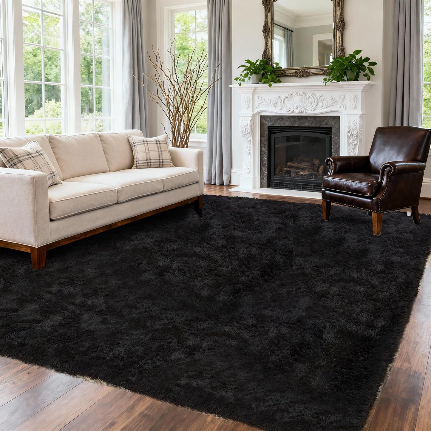 Large Shag Area Rugs 5x7 for Living Room, Ultra Soft Fluffy Black Rugs for Bedroom, Shaggy Living Room Rug, Plush Fuzzy Bedside Rug, Floor Carpets for Kids Dorms Room Home Decor, Upgrade Anti-Skid