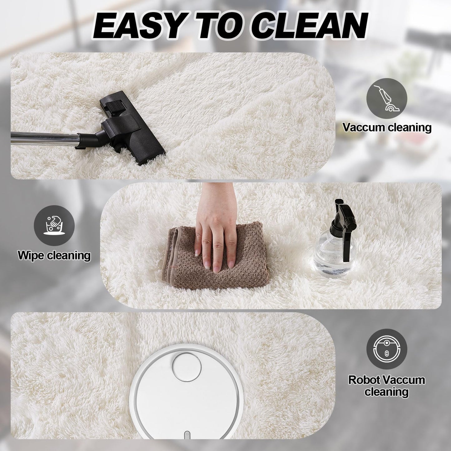 Cream White Plush Rug for Living Room Fuzzy Carpet for Bedroom Dorm, Non-Slip High Pile Rug, Shag Rug for Playroom Nursery Home Office Decor 10x14Ft
