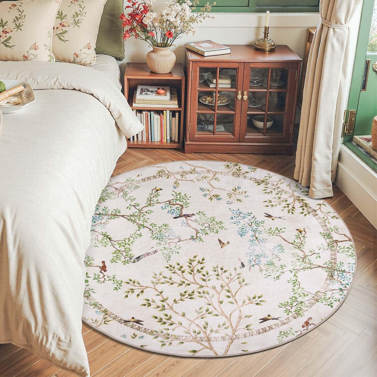 jinchan Yarden Round Rug 6ft, Vintage Distressed Botanical Birds Print Rug, Machine Washable Ultra Thin Low Pile Non Slip Area Rug, Ivory Circle Rug for Living Room Bedroom