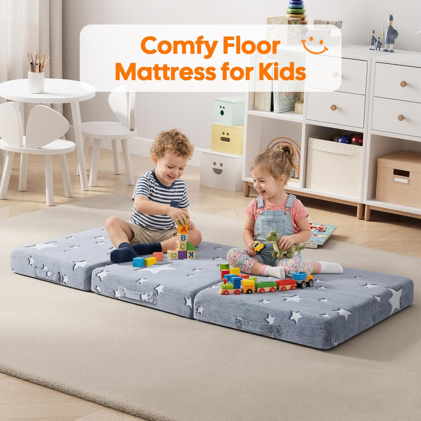 MeMoreCool Foldable Floor Mattress for Kids, Glow Star Trifold Mat, Kids Folding Mattress Portable Futon, 57x22 Inch Grey