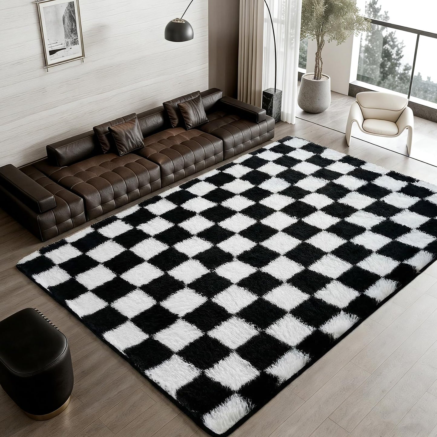 ThreadGlobe Checkered Shag Area Rug 4'x6', Black and White Plush Rug for Living Room, Non-Slip Soft Carpet for Bedroom Nursery, Modern Floor Decor with Grid Pattern, 4x6